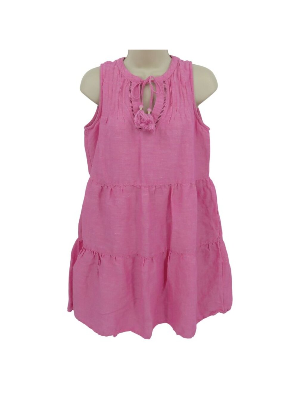 Tommy Bahama Women Small Pink Linen Blend Tiered Keyhole Sleeveless Shift Dress